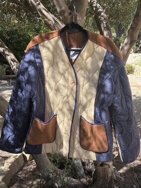 Venti Navy and Cream Colorblock Quilted Jacket - One Size